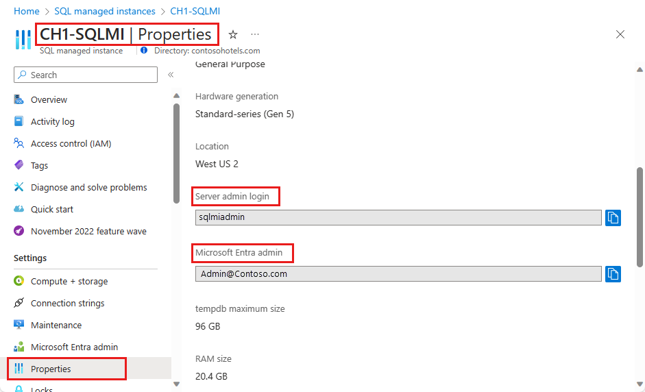 Cuplikan layar memperlihatkan halaman Properti instans terkelola SQL tempat Anda bisa mendapatkan nilai masuk dan admin Microsoft Entra.