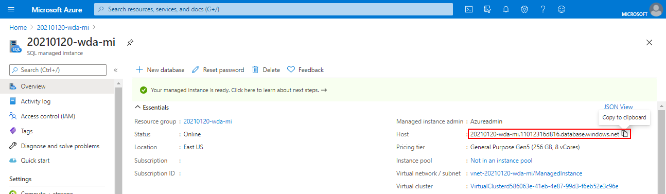 Cuplikan layar halaman Gambaran Umum untuk instans di portal Azure dengan nama host dipilih.