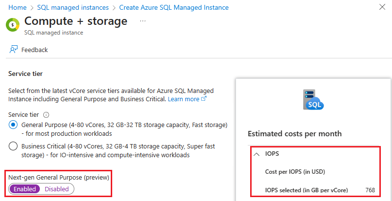 Cuplikan layar halaman komputasi + penyimpanan saat Anda mengonfigurasi Azure SQL Managed baru Anda di portal Azure.
