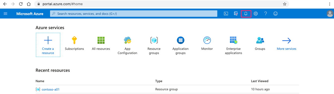 Screenshot that shows the notifications icon in the Azure portal.