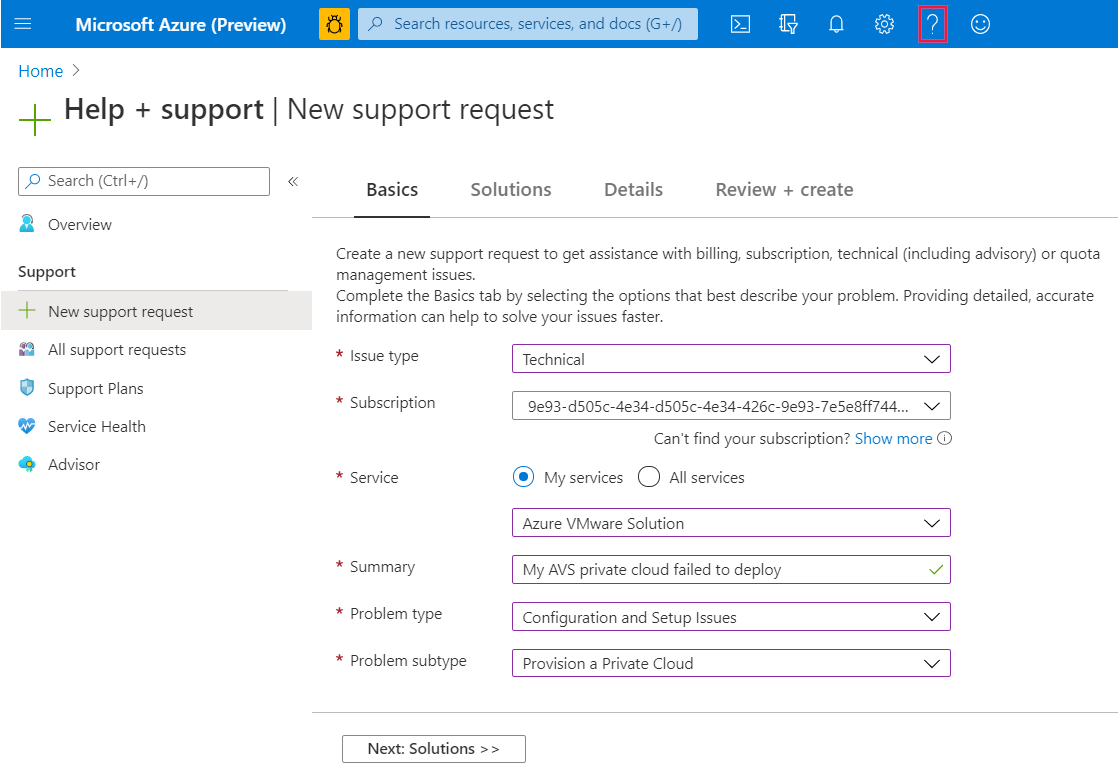 Screenshot of the New support request pane in the Azure portal.