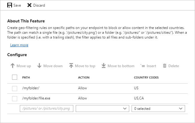 Screenshot shows COUNTRY/REGION CODES to use to block or allow countries or regions.
