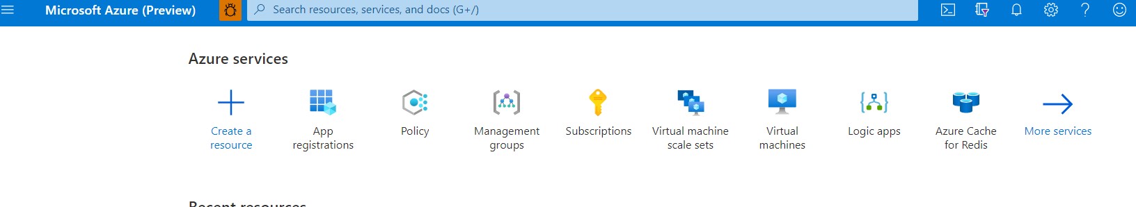 Screenshot of resources available in the Azure portal, including app registrations.