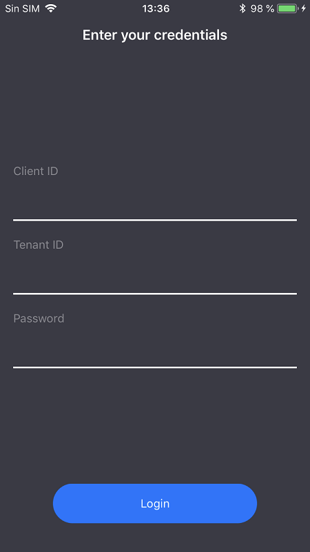 The app screen, showing fields for service principal credentials