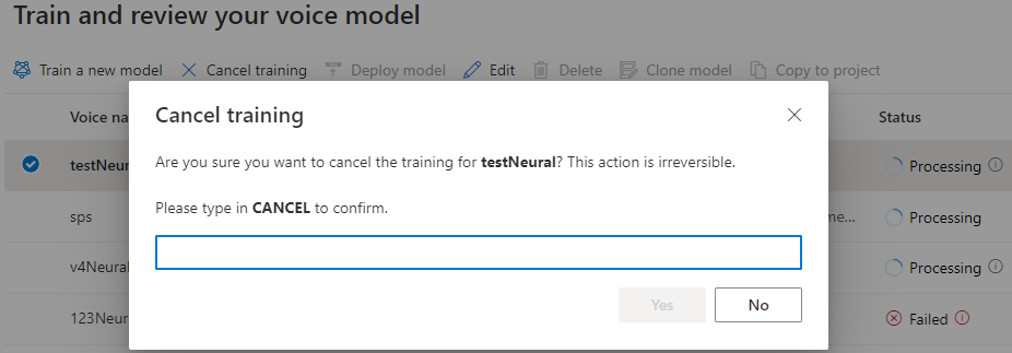 Cuplikan layar yang menampilkan cara membatalkan pelatihan untuk model.
