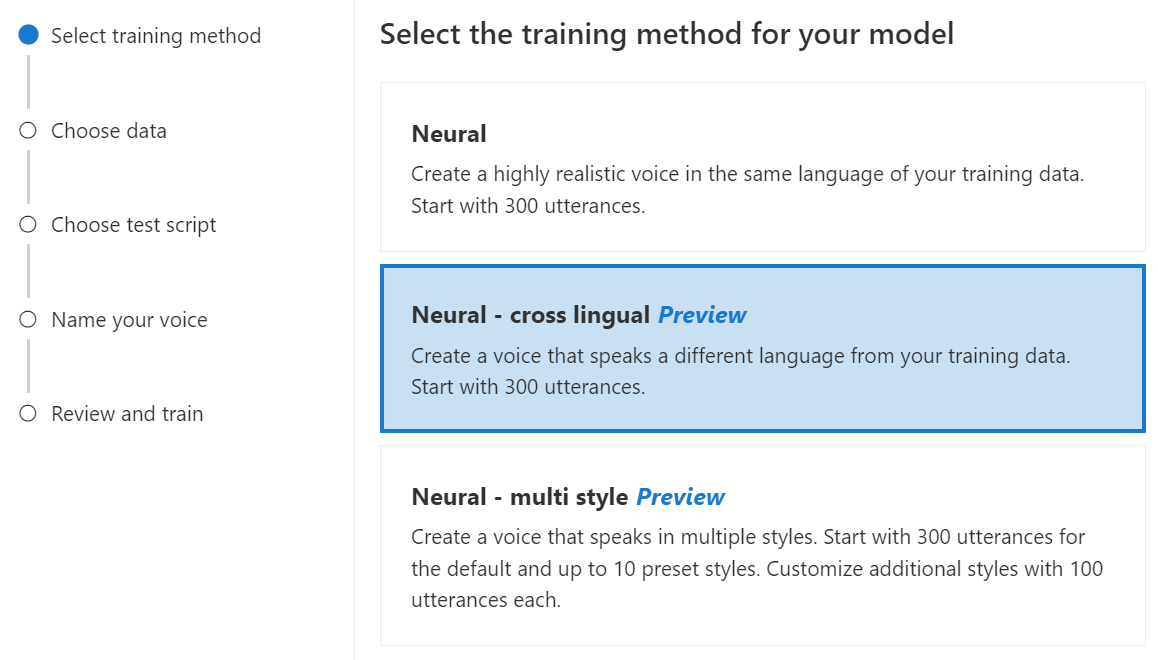 Cuplikan layar yang memperlihatkan cara memilih pelatihan lintas bahasa neural.