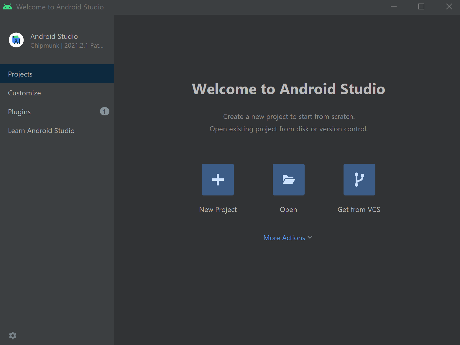 Cuplikan layar menunjukkan opsi untuk membuka atau membuat proyek baru.