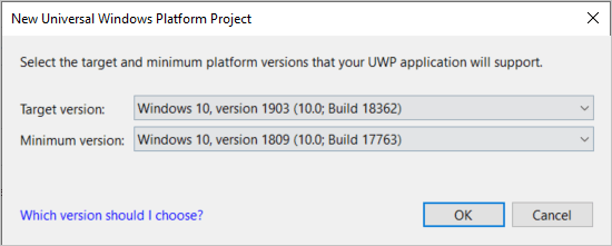 Cuplikan layar yang memperlihatkan kotak dialog Proyek Platform Windows Universal Baru dengan versi minimum dan target dipilih.