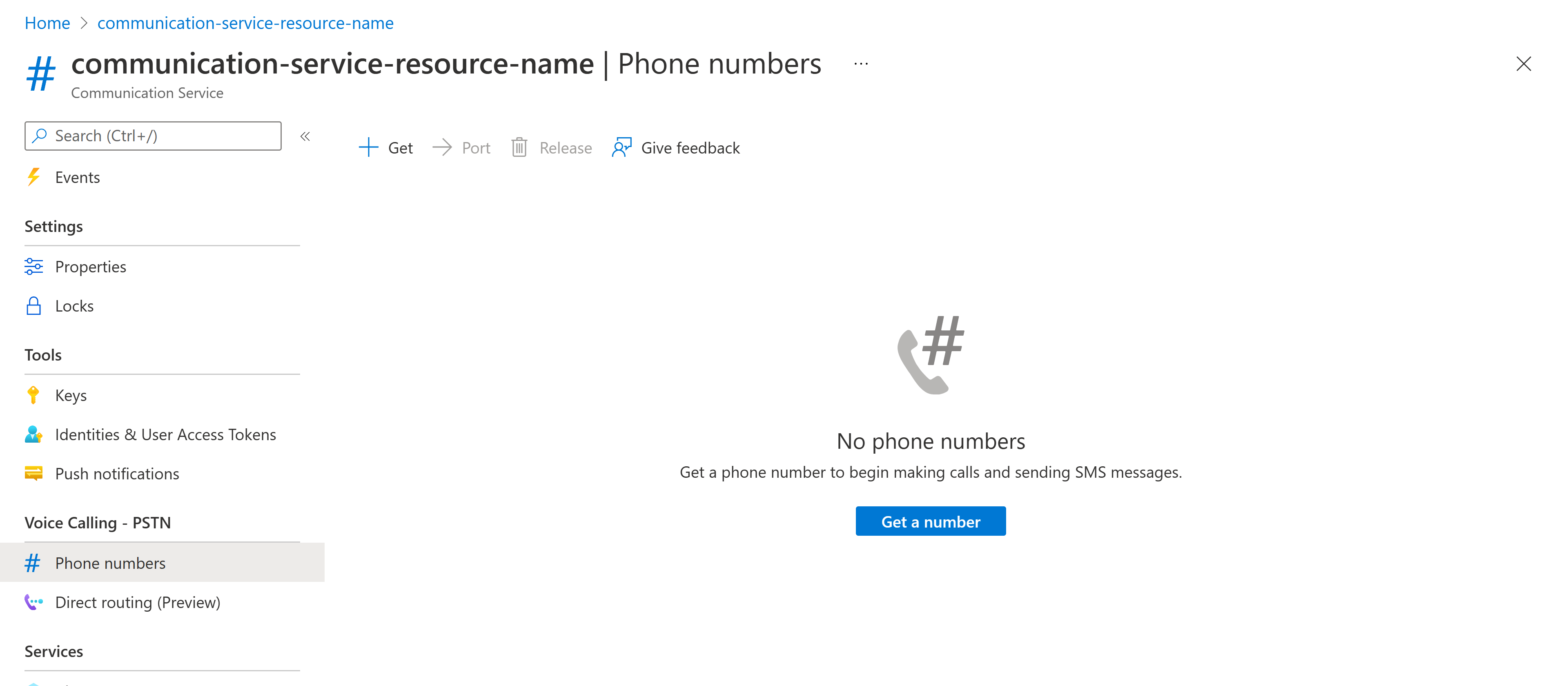 Cuplikan layar memperlihatkan halaman telepon sumber daya Communication Services.