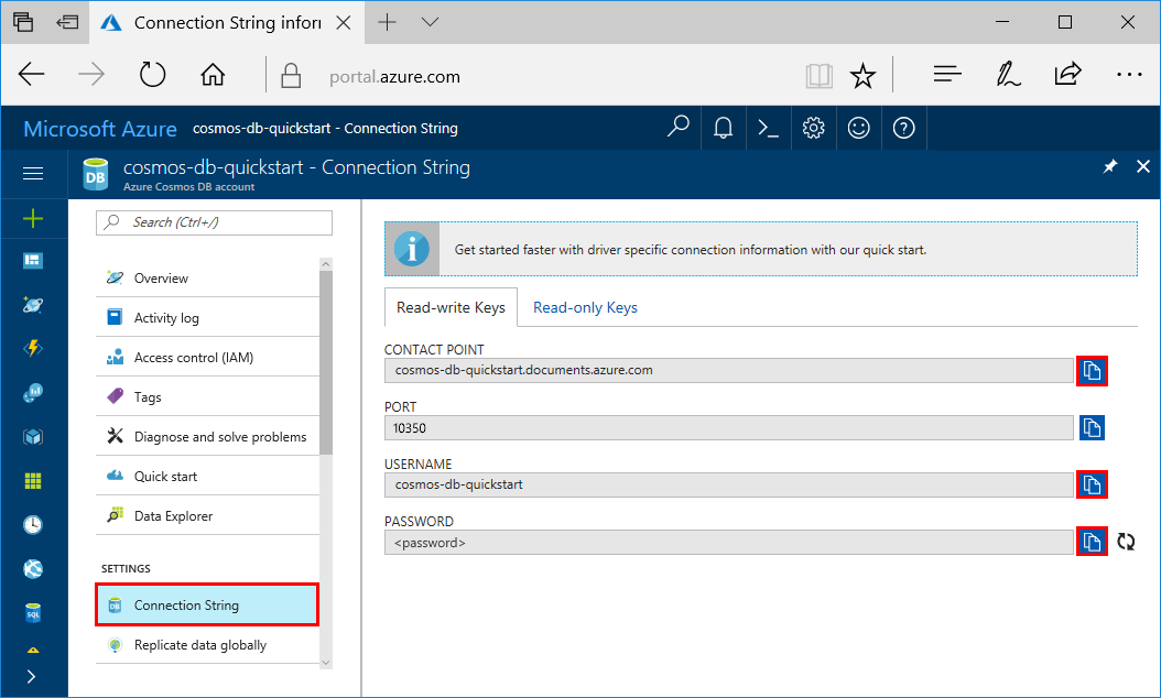 View and copy an access key in the Azure portal, Connection String page