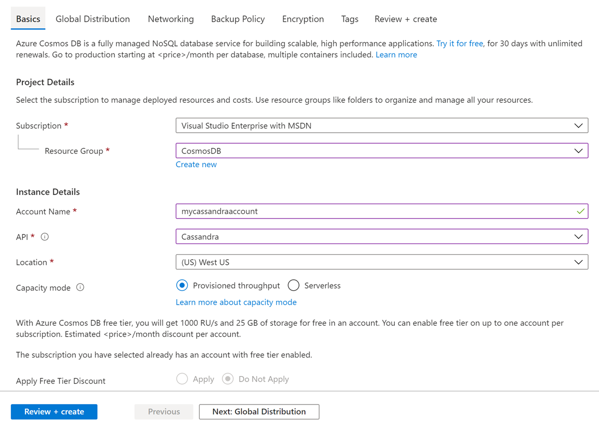 The new account page for Azure Cosmos DB Cassandra API