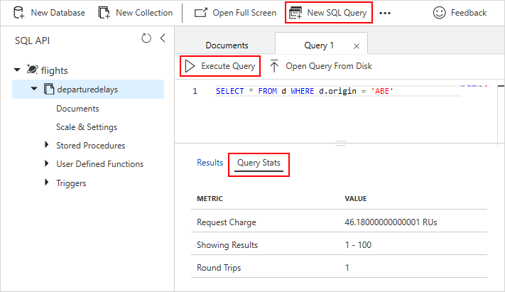 Screenshot of a SQL query request charge in the Azure portal.