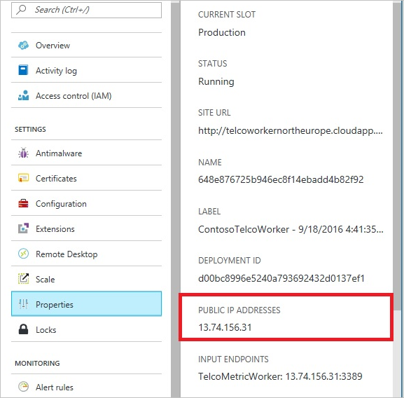 Cuplikan layar memperlihatkan alamat IP publik untuk layanan cloud yang ditampilkan di portal Microsoft Azure