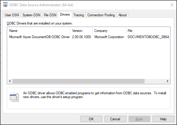 Cuplikan layar jendela Administrator Sumber Data ODBC.