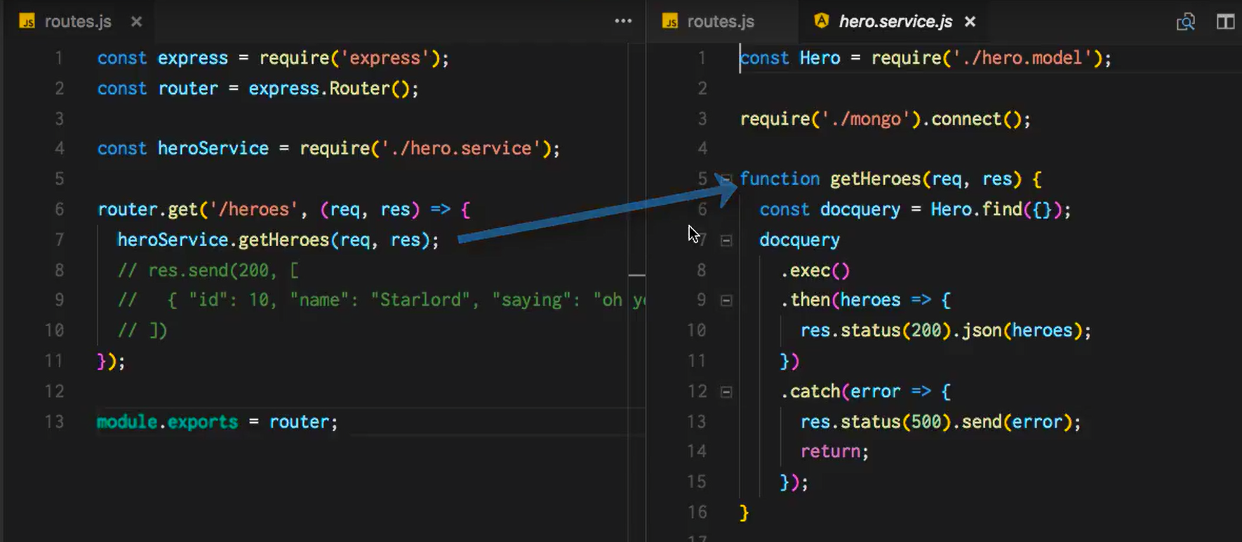 routes.js and hero.service.js di Visual Studio Code
