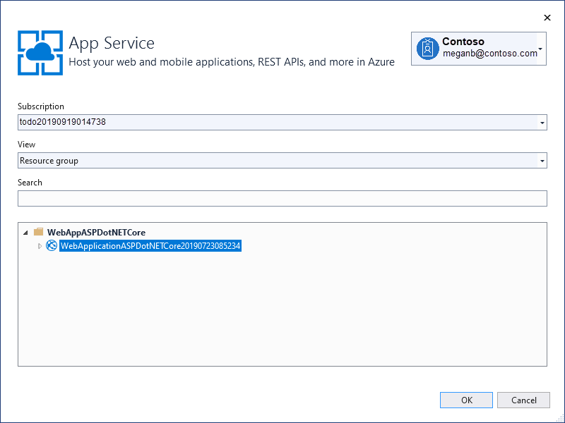 Kotak dialog App Service di Visual Studio