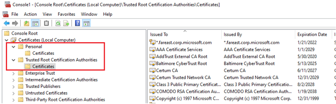 Cuplikan layar yang memperlihatkan sertifikat yang diinstal di penyimpanan Otoritas Sertifikasi Akar Pribadi dan Tepercaya.