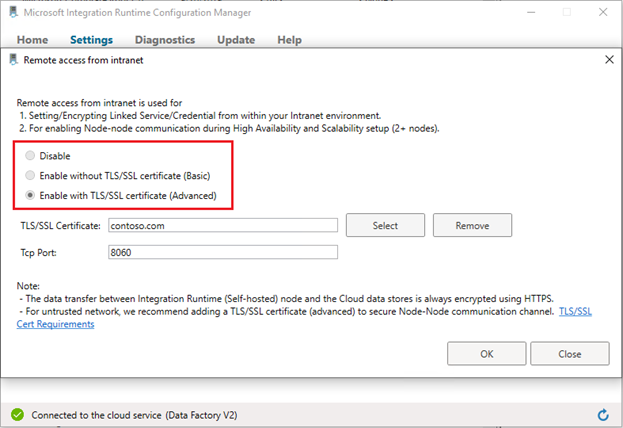 Cuplikan layar yang memperlihatkan pengaktifan dengan sertifikat TLS/SSL (Tingkat Lanjut).