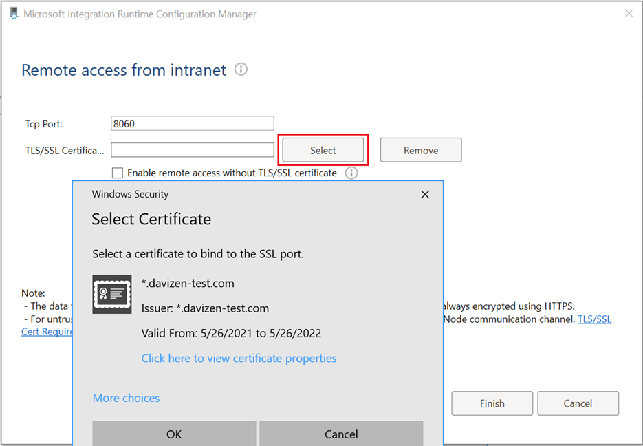 Cuplikan layar yang memperlihatkan pemilihan sertifikat.