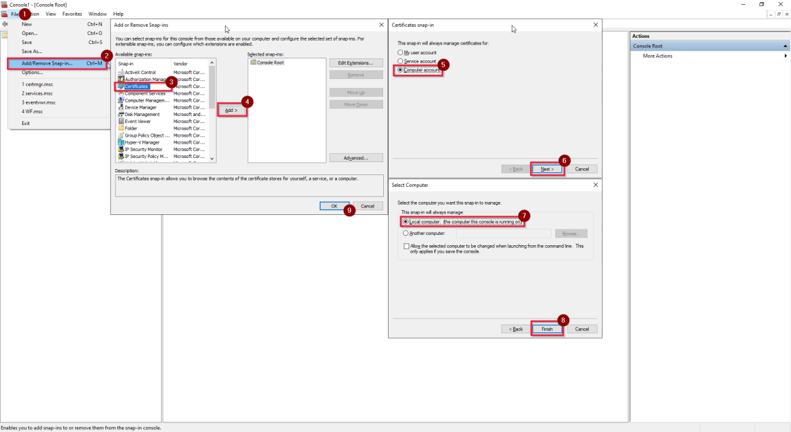 Cuplikan layar yang memperlihatkan menampilkan sertifikat di MMC snap in.