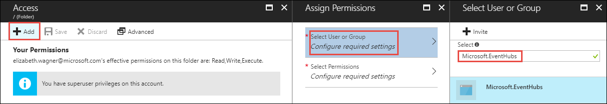 Screenshot of the Access page with the Add option, Select User or Group option, and Microsoft Eventhubs option called out.