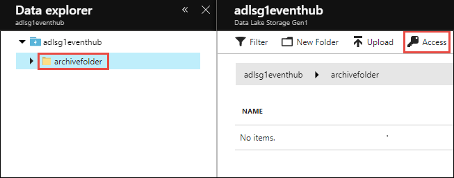 Screenshot of the Data explorer with a folder in the account and the Access option called out.