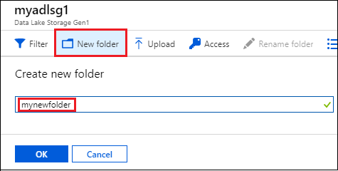 Cuplikan layar bilah Data Explorer dengan opsi Folder baru dan kotak teks Buat folder baru dipanggil.