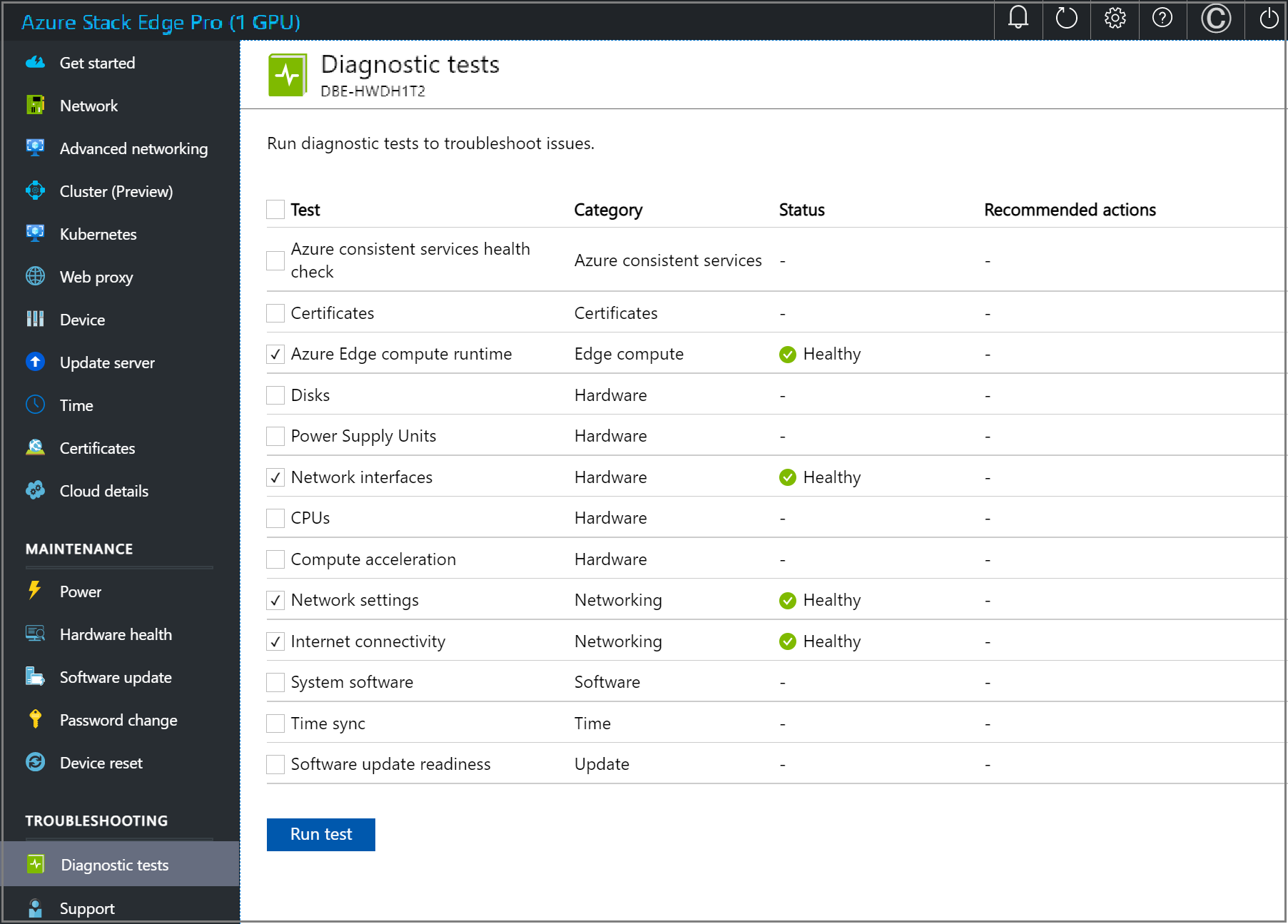 Cuplikan layar halaman Hasil pengujian diagnostik di UI web lokal perangkat Azure Stack Edge.