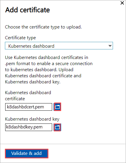 Screenshot showing Add Certificate screen when adding a Kubernetes dashboard certificate to an Azure Stack Edge device. Browse buttons for the certificate and key file are highlighted.