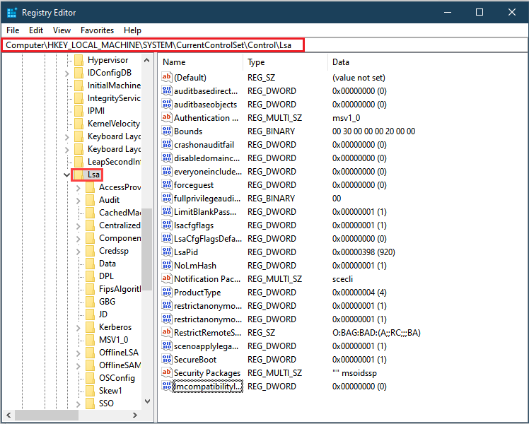 Screenshot showing the Registry Editor with the LSA folder highlighted.