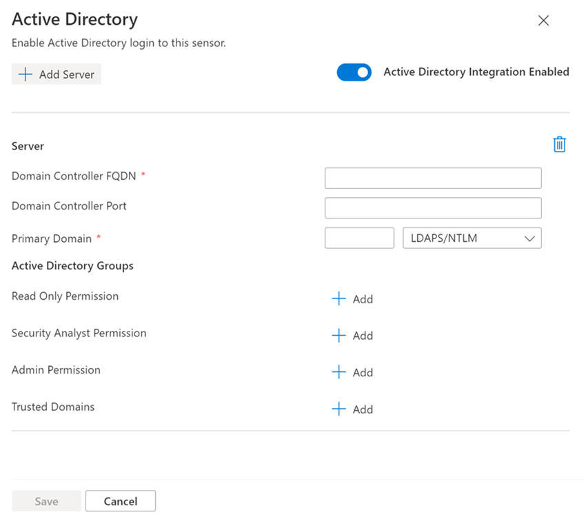 Screenshot of the Active Directory configuration dialog box.
