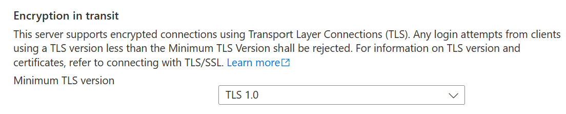 Cuplikan layar pengonfigurasian jaringan database SQL TLS 1.0.