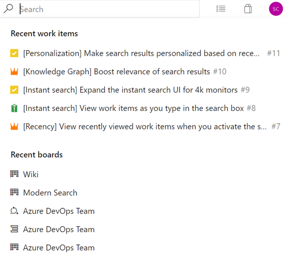 Navigasi ke item kerja yang baru dilihat dan item papan dari pencarian.