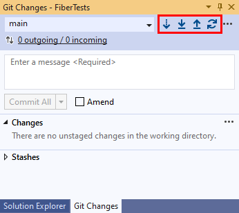 Cuplikan layar tombol Ambil, Tarik, Dorong, dan Sinkronkan di jendela 'Perubahan Git' di Visual Studio.