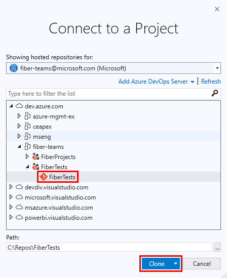 Cuplikan layar jendela 'Koneksi ke Proyek' di Visual Studio 2019.