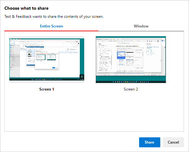 Cuplikan layar memperlihatkan pilihan layar atau aplikasi untuk dibagikan.