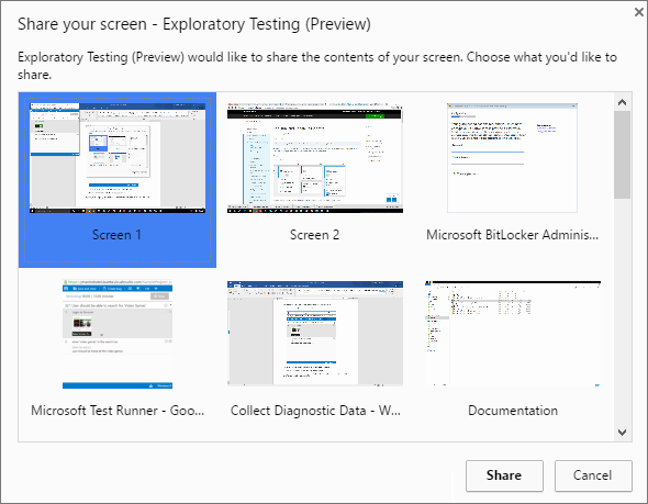 Cuplikan layar memperlihatkan memilih layar atau aplikasi untuk direkam.