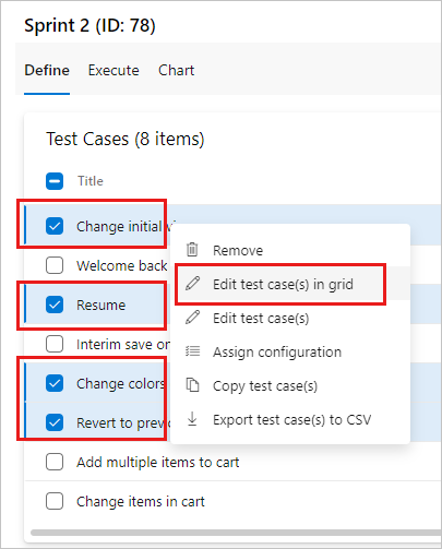 Cuplikan layar memperlihatkan beberapa kasus pengujian yang dipilih dengan menu konteks terbuka dan Edit kasus pengujian di kisi dipilih.