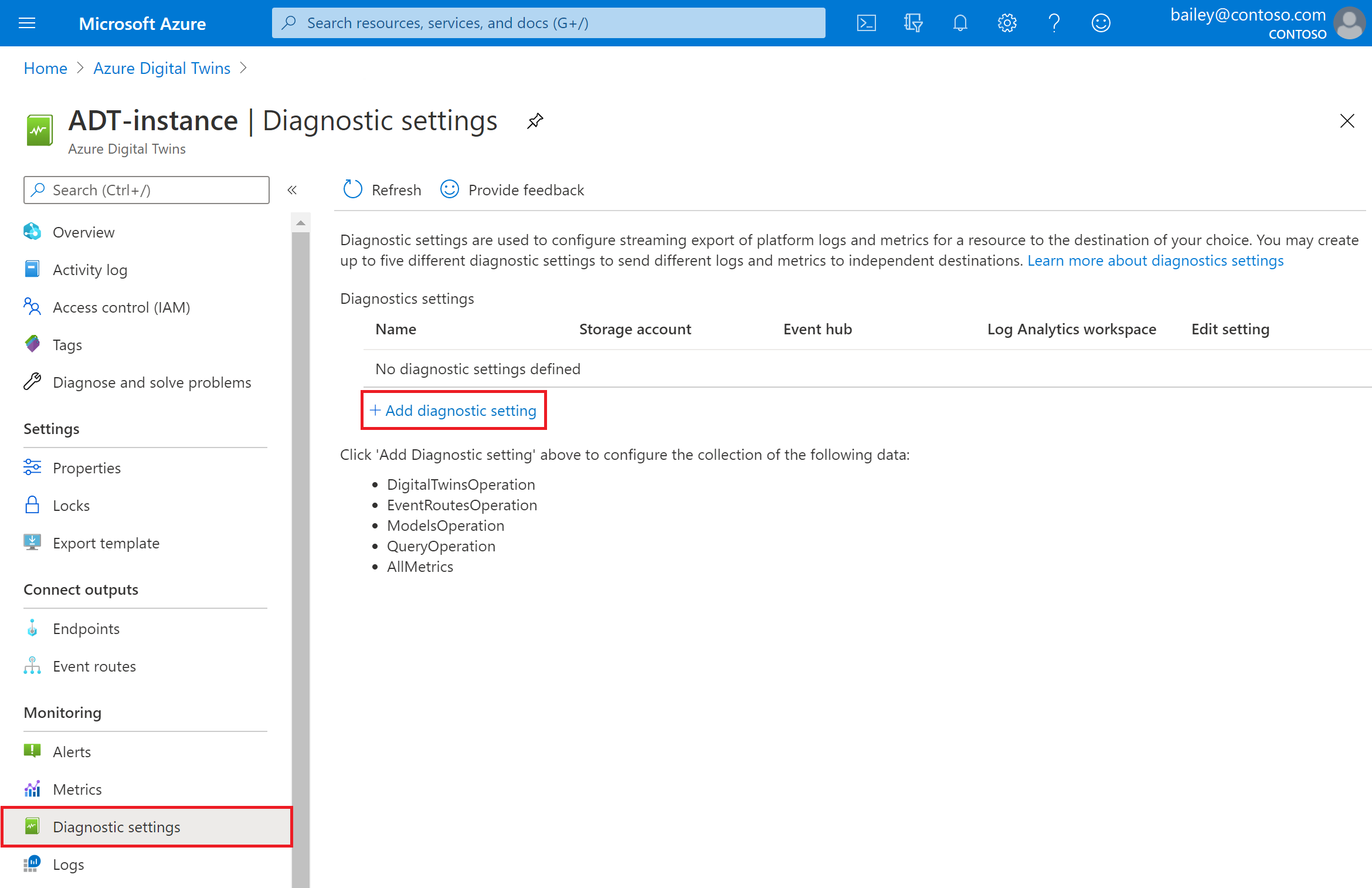 Screenshot showing the diagnostic settings page and button to add in the Azure portal.