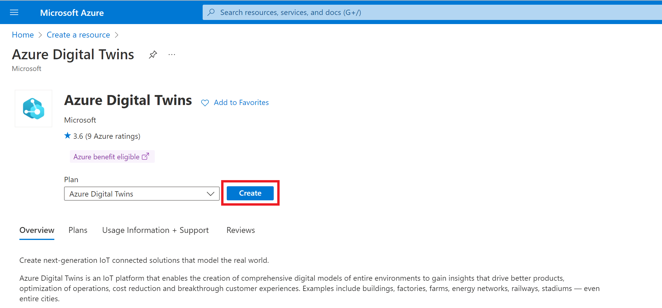 Cuplikan layar portal Microsoft Azure, menyoroti tombol 'Buat' dari halaman layanan Azure Digital Twins.