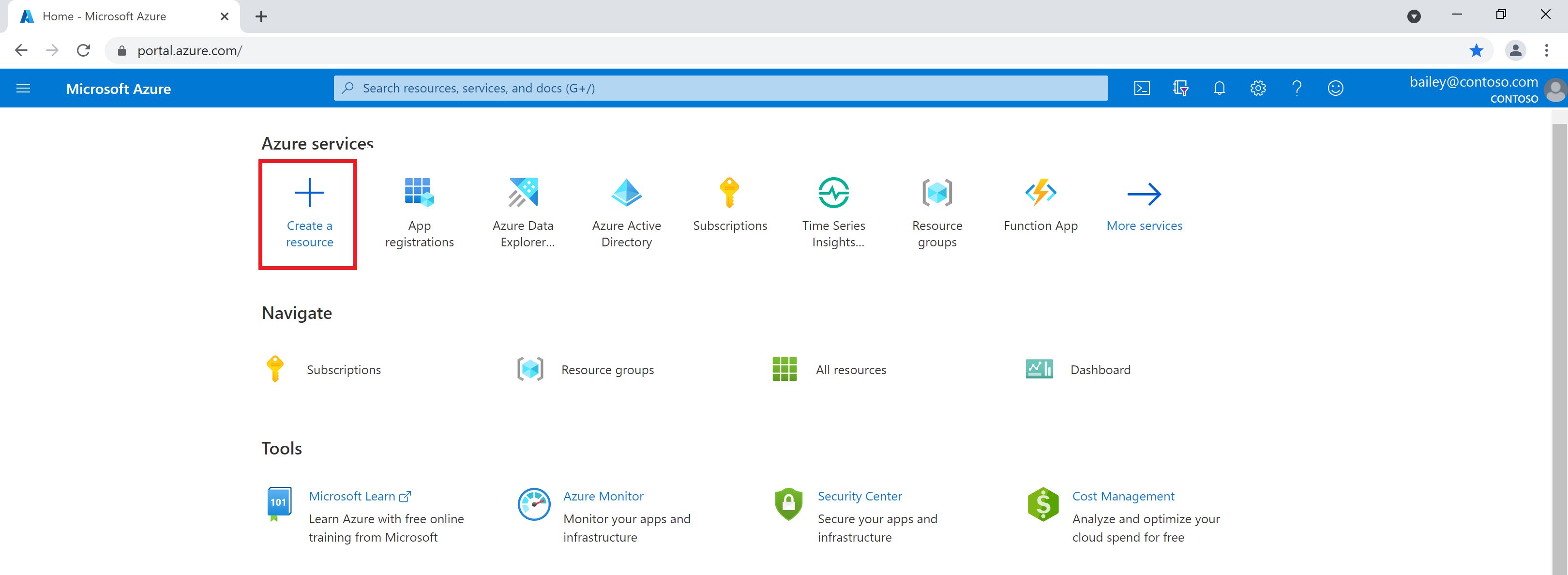 Cuplikan layar portal Microsoft Azure, menyoroti ikon 'Buat sumber daya' dari halaman beranda.