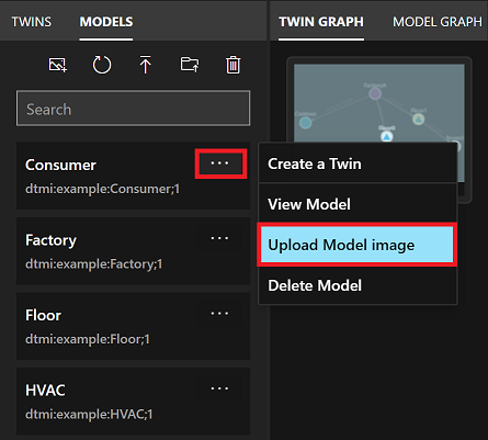 Cuplikan layar panel Model Azure Digital Twins Explorer. Titik menu untuk satu model disorot, dan opsi menu untuk Mengunggah Gambar Model juga disorot.