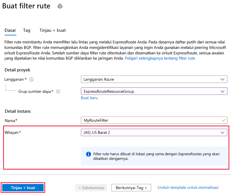 Screenshot that shows the Create route filter page with example values entered.
