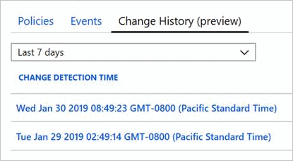 Screenshot of the Change History tab and detected change times on Resource Compliance page.