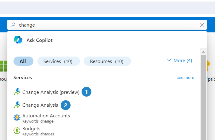 Cuplikan layar hasil pencarian untuk Analisis Perubahan di portal Azure.