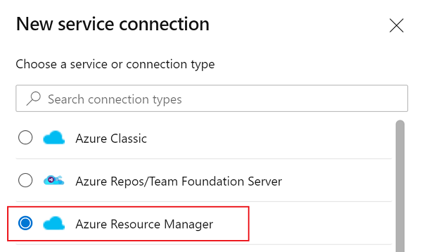 Cuplikan layar memperlihatkan memilih Azure Resource Manager dari daftar menurun Koneksi layanan baru.