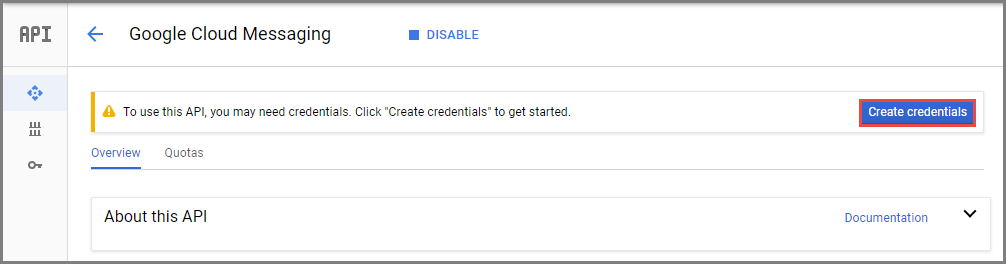 Create credentials button