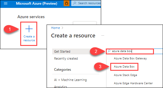 Ilustrasi memperlihatkan tombol Plus Buat Sumber Daya, dan kotak teks untuk memilih layanan untuk membuat sumber daya. Azure Data Box disorot.