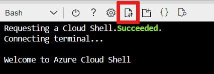 Cuplikan layar yang memperlihatkan lokasi tombol di Azure Cloud Shell untuk mengunggah file.