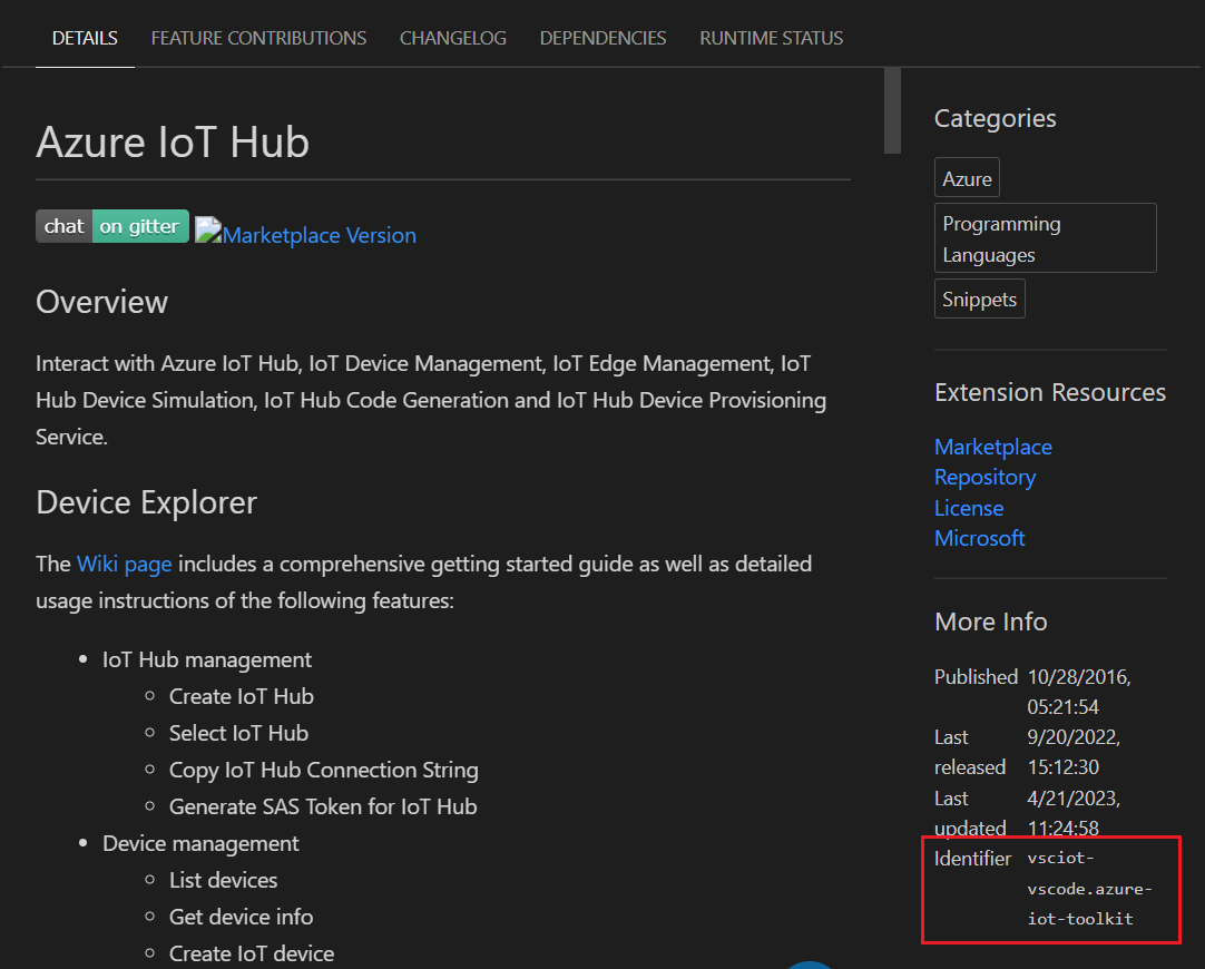 Cuplikan layar memperlihatkan pengidentifikasi ekstensi untuk ekstensi Azure IoT Hub dari halaman detail ekstensi.